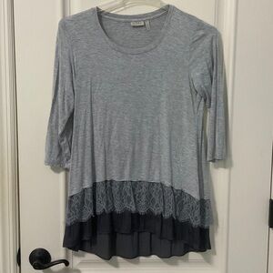 LOGO by Lori Goldstein Heather Gray Lace-Trim Layered Tunic Mixed Media M Petite